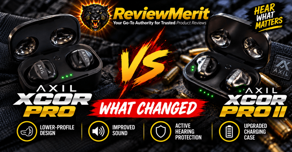 AXIL XCOR PRO and AXIL XCOR PRO II electronic hearing protection earbuds shown side by side in a ReviewMerit comparison graphic highlighting design, sound, hearing protection, and charging case upgrades.