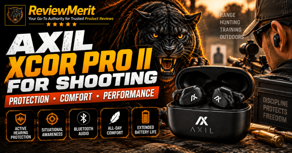 AXIL XCOR PRO II electronic hearing protection earbuds featured in a ReviewMerit shooting graphic highlighting protection, comfort, performance, situational awareness, Bluetooth audio, and extended battery life.