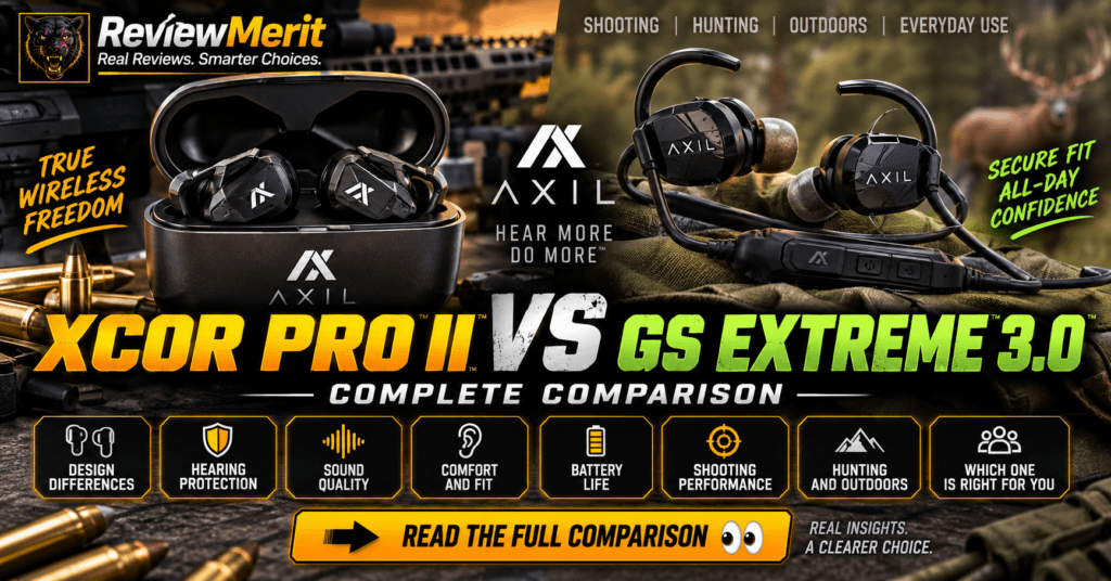 AXIL XCOR PRO II and GS Extreme 3.0 electronic hearing protection earbuds shown side by side in a ReviewMerit comparison graphic highlighting design, hearing protection, sound, comfort, battery life, shooting, and outdoor use.