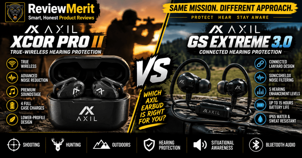 AXIL XCOR PRO II true-wireless earbuds and GS Extreme 3.0 connected hearing protection earbuds featured in a ReviewMerit comparison graphic highlighting differences in design, noise reduction, hearing enhancement, battery life, and outdoor use.
