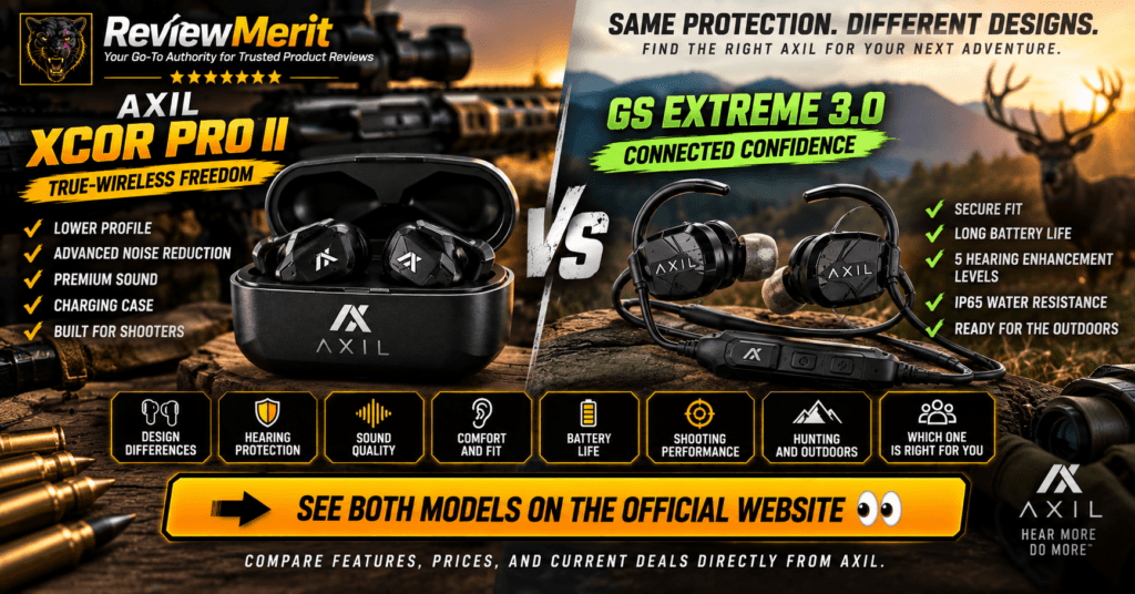 AXIL XCOR PRO II and GS Extreme 3.0 earbuds shown side by side in a ReviewMerit CTA graphic encouraging readers to compare features, prices, and buying options directly from AXIL.