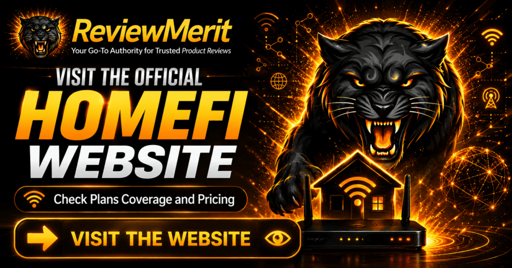 HomeFi Internet Guide CTA image with ReviewMerit panther branding, Wi-Fi graphics, and a Visit the Official HomeFi Website call to action
