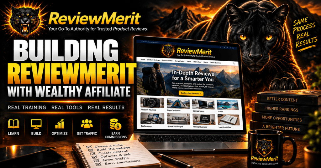 Building ReviewMerit with Wealthy Affiliate image showing the ReviewMerit panther, website-building workflow, SEO growth, traffic, and affiliate commissions