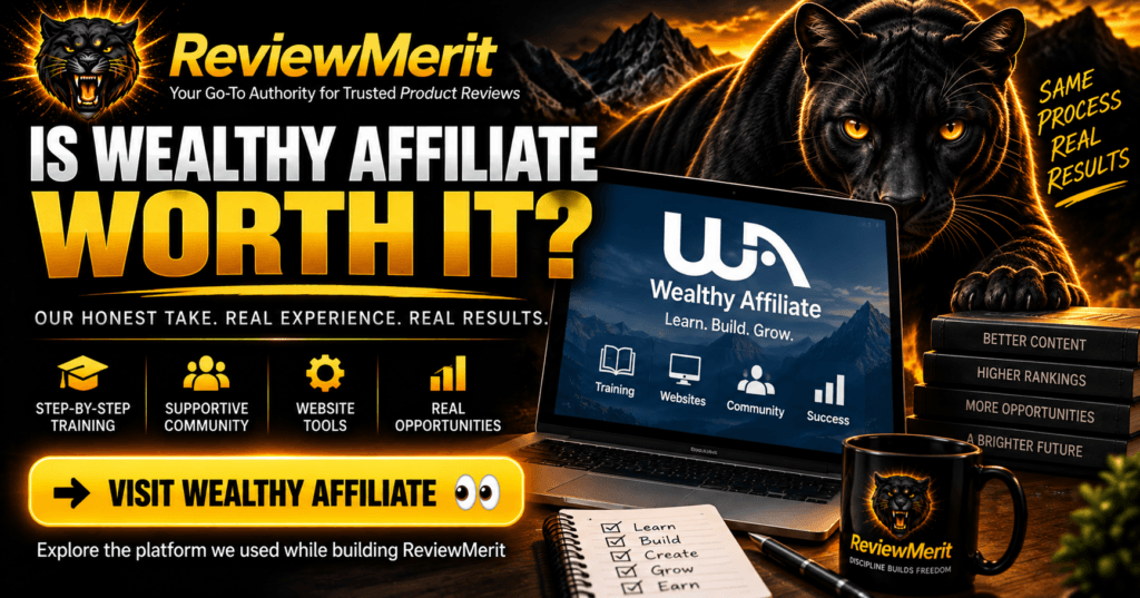 Is Wealthy Affiliate worth it image featuring ReviewMerit branding, Wealthy Affiliate training, website tools, community, and a call to visit Wealthy Affiliate