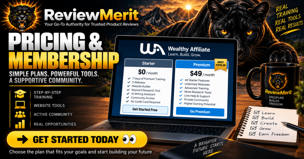Wealthy Affiliate pricing and membership image showing Starter and Premium plans, training, website tools, community features, and ReviewMerit branding