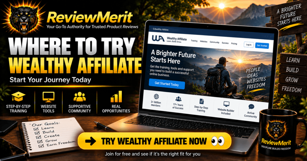 Where to try Wealthy Affiliate image featuring ReviewMerit branding, Wealthy Affiliate training, website tools, community, and online business resources